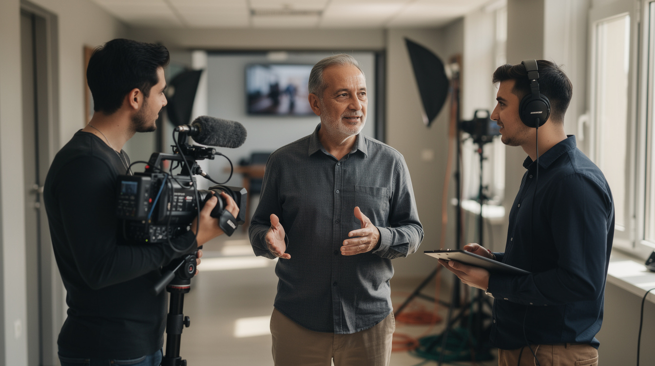 Mediator calmly talking with two broadcast crew members